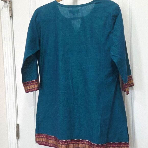 World Market Teal Embroidered 100% Cotton Tunic Blouse, NWT, S/M - Picture 6 of 7